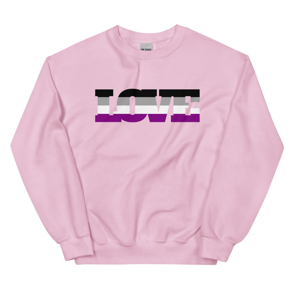 Front view of a pink sweatshirt with a black, gray, white, and purple striped graphic