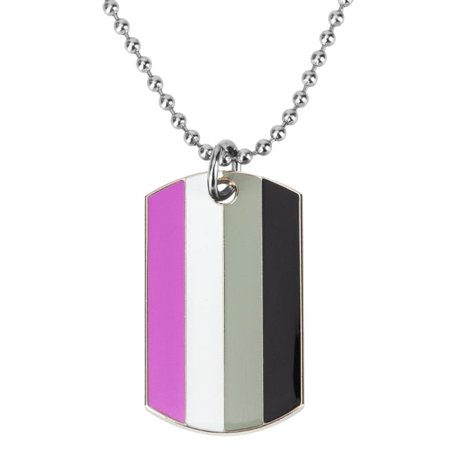 Asexual pride flag dog-tag necklace with a silver ball chain on white