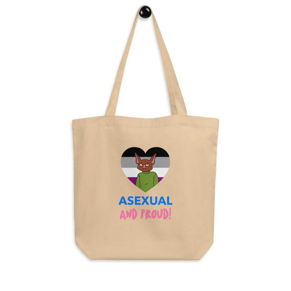 Front view of a beige tote bag reading “ASEXUAL AND PROUD!” with a heart illustration