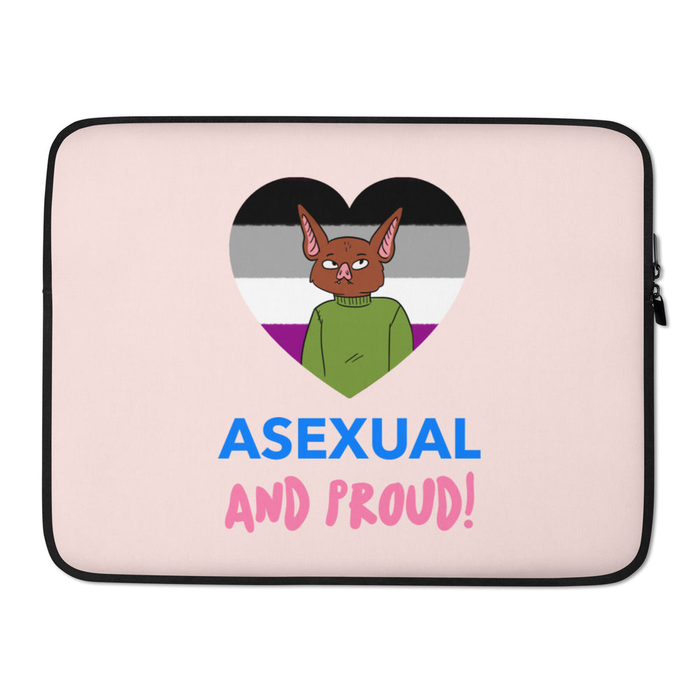Front view of a pale pink laptop sleeve reading “ASEXUAL AND PROUD!” with a bat in a heart