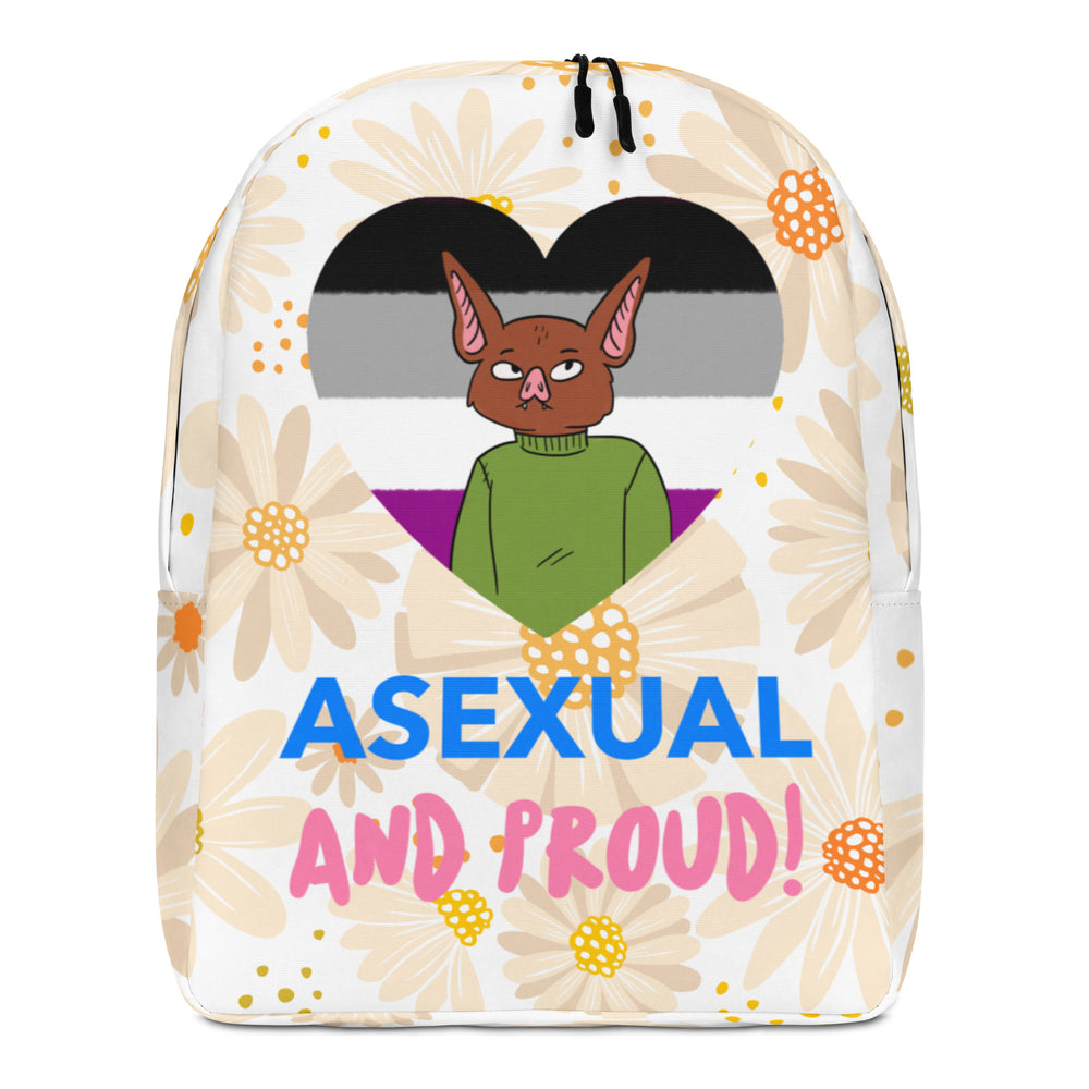 Front view of a floral backpack reading “ASEXUAL AND PROUD!” with an illustrated bat over an asexual flag