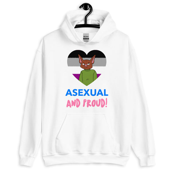 Front view of a white hoodie reading “ASEXUAL AND PROUD!” with a cartoon bat