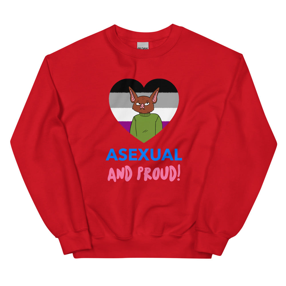 Red sweatshirt reading “ASEXUAL AND PROUD!” with a bat character in a pride-flag heart