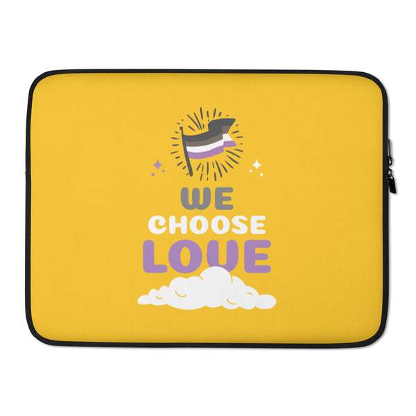 Front view of a yellow laptop sleeve with an asexual flag and “WE CHOOSE LOVE” lettering