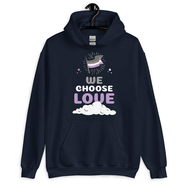 Front-view navy hoodie with an asexual flag and “WE CHOOSE LOVE” graphic