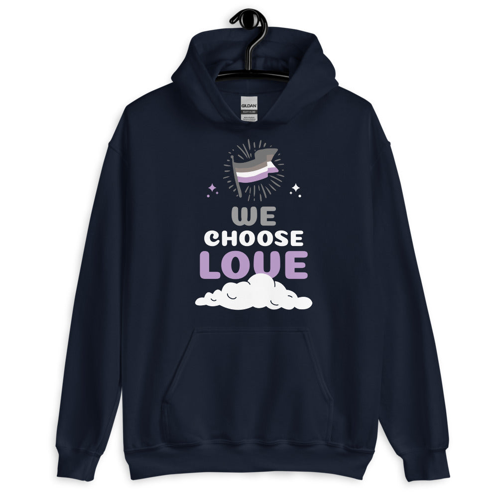 Front-view navy hoodie with an asexual flag and “WE CHOOSE LOVE” graphic