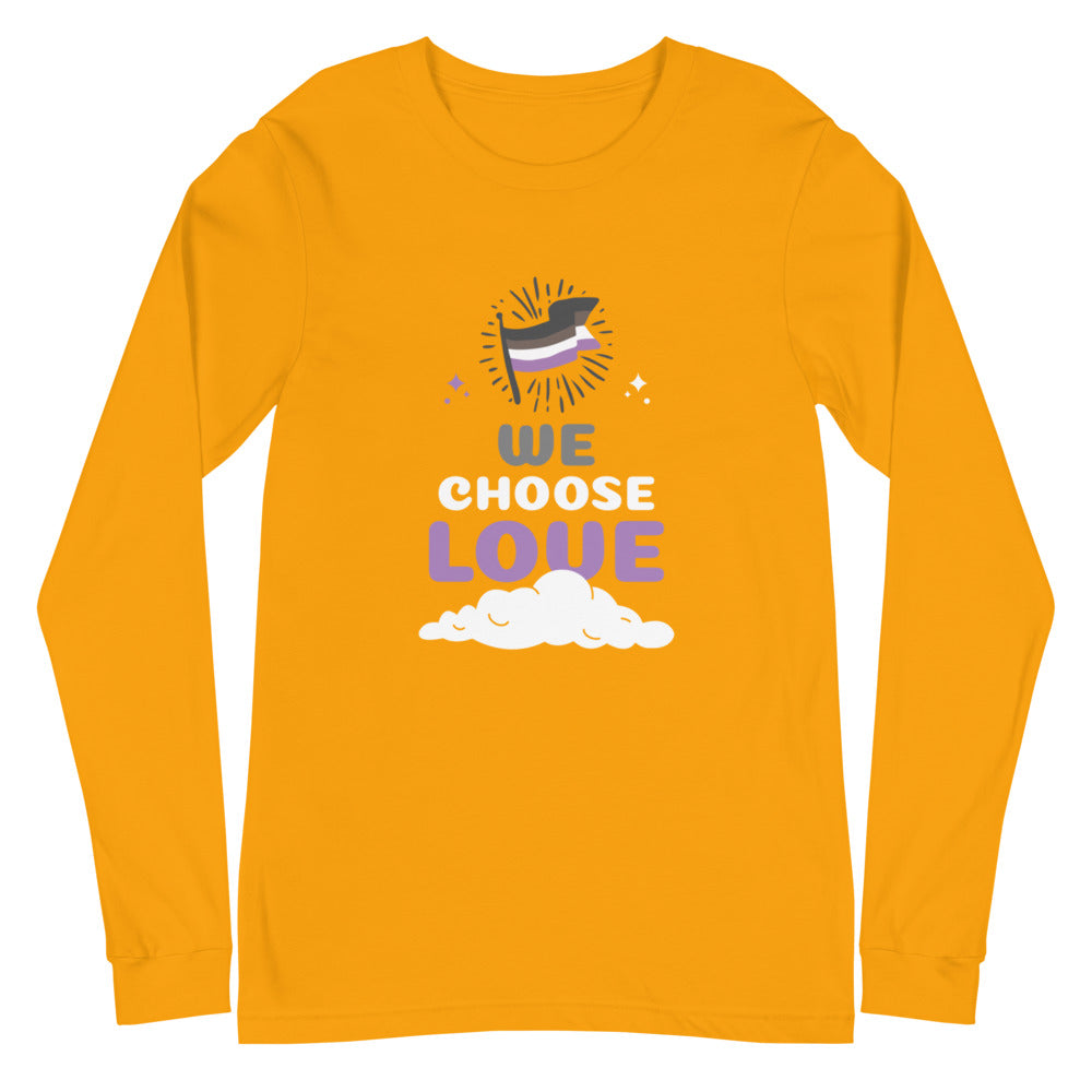 Front view of an orange long-sleeve shirt reading “WE CHOOSE LOVE” with an asexual flag graphic