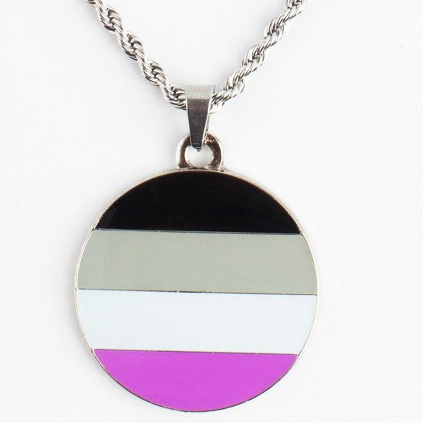 Close-up of an asexual pride pendant necklace with black, gray, white, and purple stripes