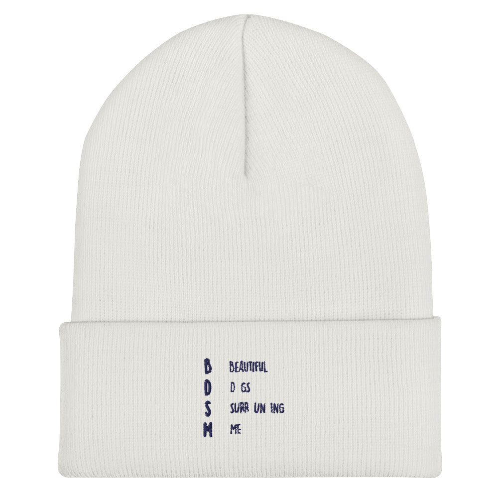 Front view of a white cuffed beanie with blue BDSM lettering and acronym text