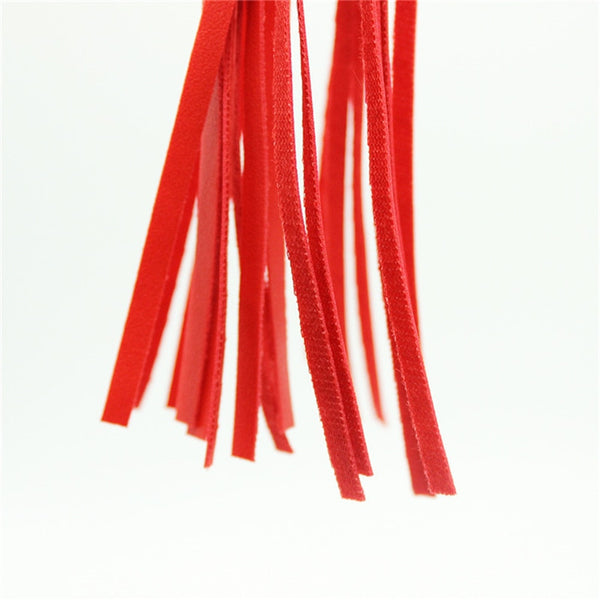 Close-up of multiple red whip strands against a white background