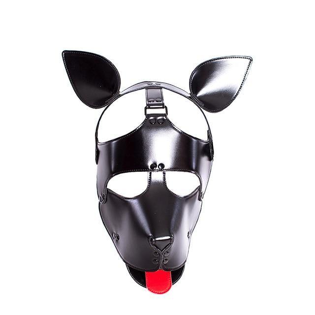 Black leather puppy play mask with pointed ears, eye openings, and red tongue detail