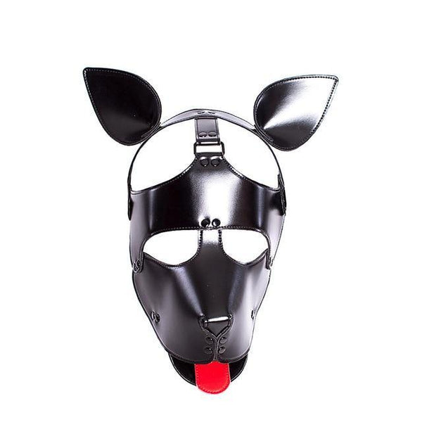 Black leather puppy play mask with pointed ears, eye openings, and red tongue detail
