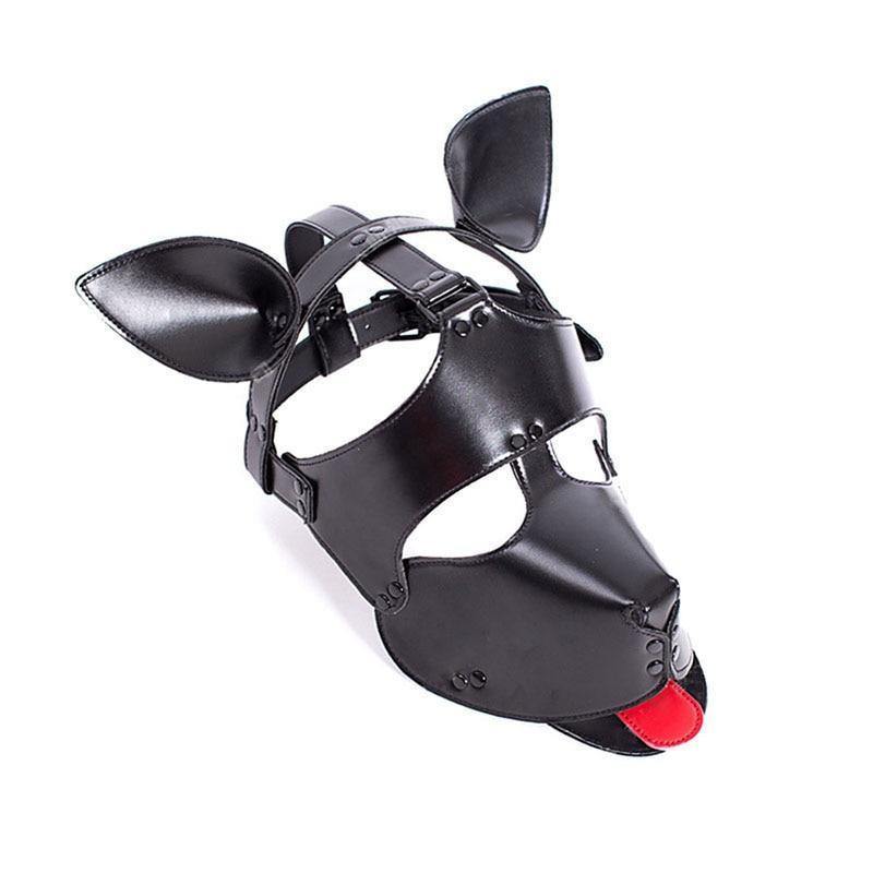 Black leather puppy play mask with pointed ears, muzzle opening, buckled straps and red tongue