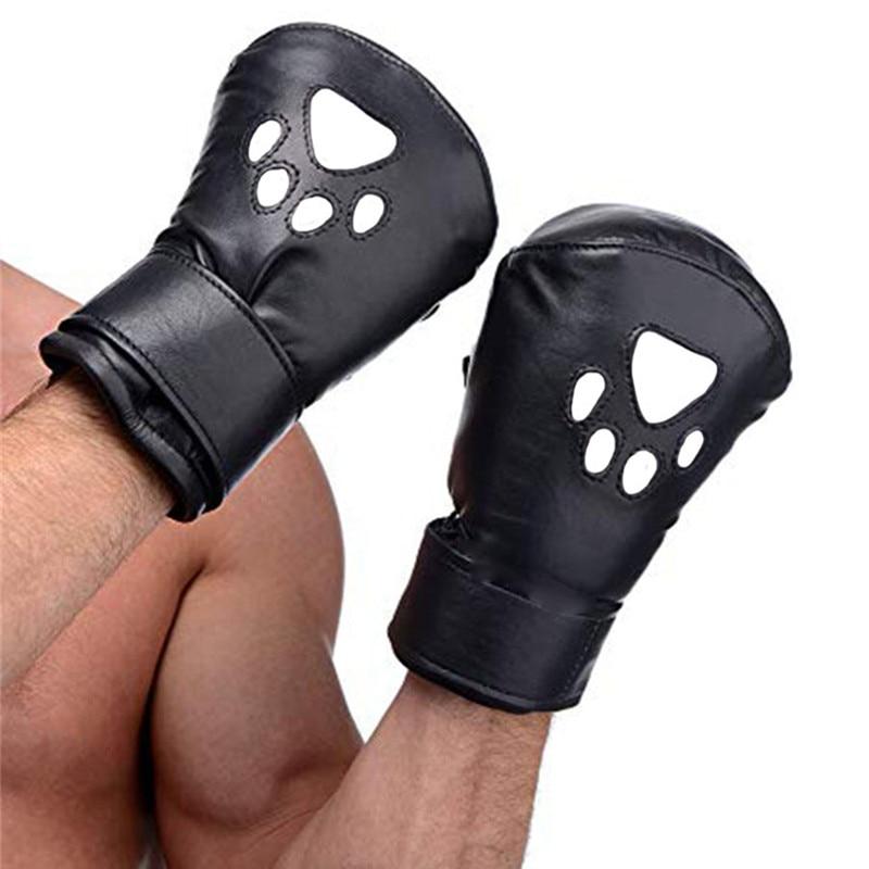 Black faux-leather pup-play bondage gloves with paw-shaped ventilation cutouts