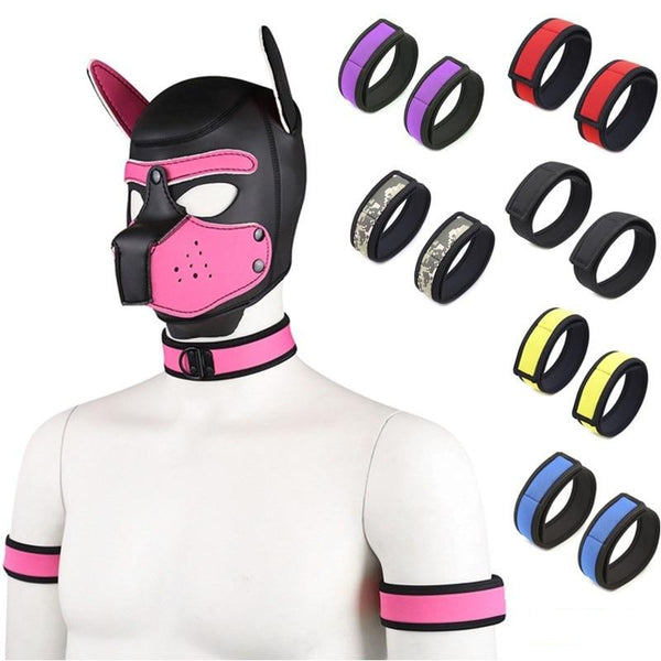 Pink puppy-style mask, collar, and armbands shown with armbands in multiple colors