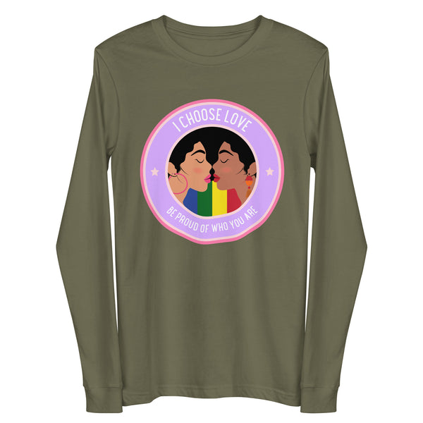 Front view of an olive long-sleeve shirt with a circular kissing-couple graphic and pride-colored stripes