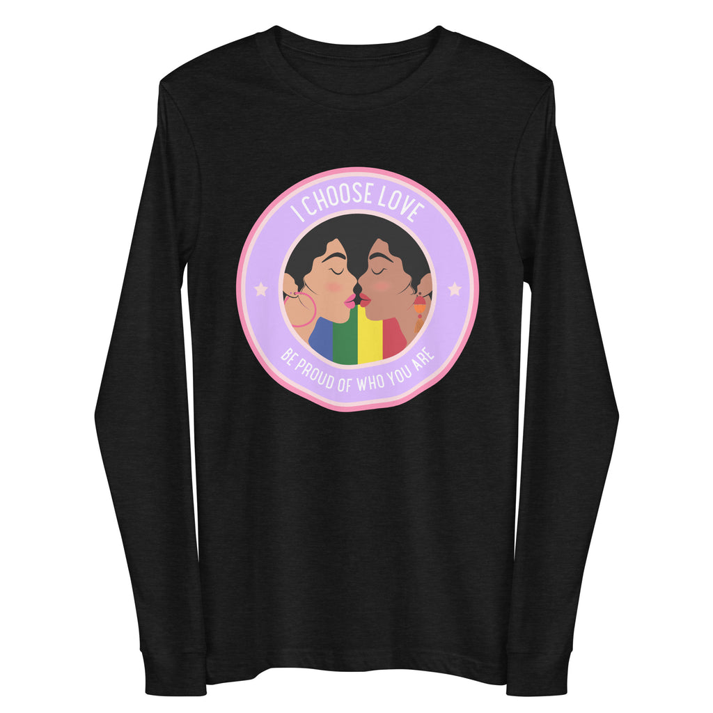Front view of a black long-sleeve shirt with a pink and lavender kissing-couple graphic
