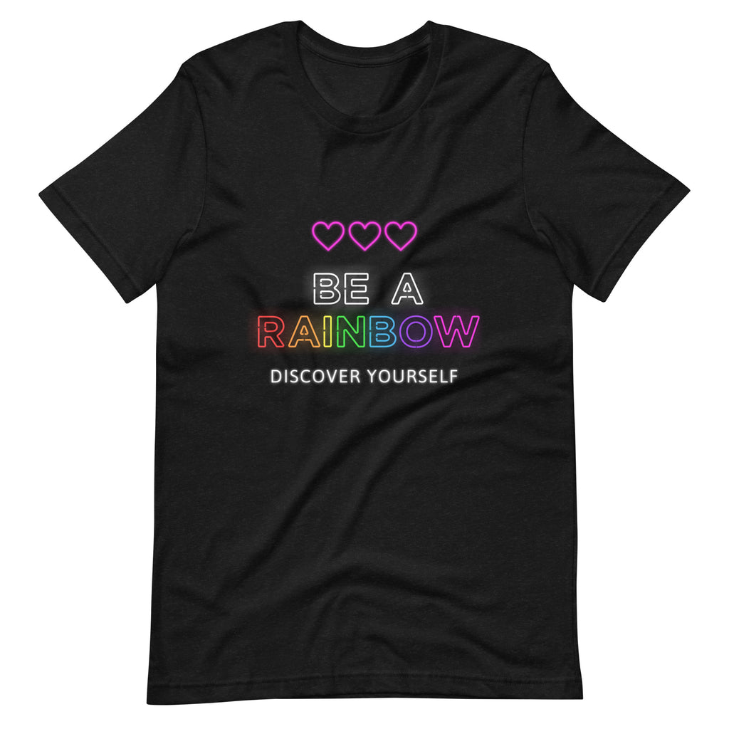 Front view of a black T-shirt with three hearts and rainbow lettering reading “BE A RAINBOW” and “DISCOVER YOURSELF.”