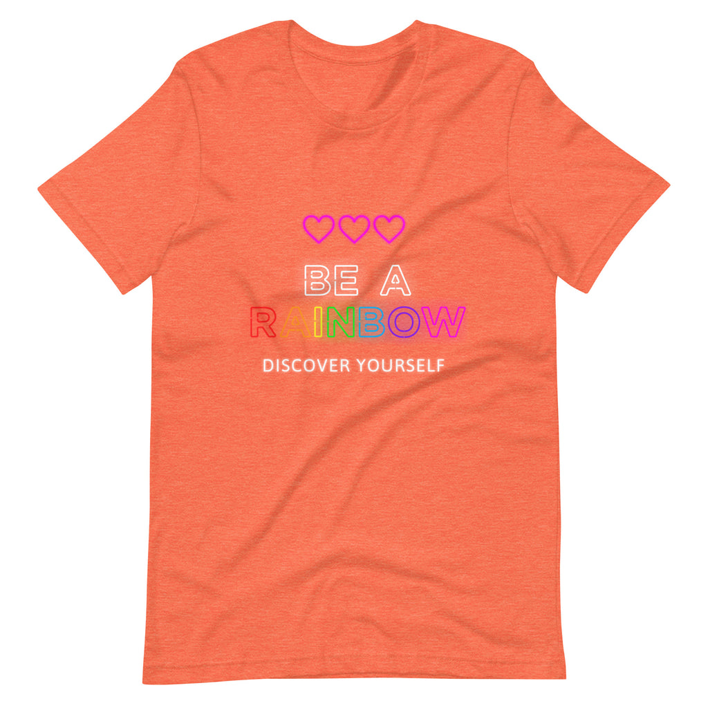 Flat-lay heather-orange T-shirt with three hearts and “BE A RAINBOW” text