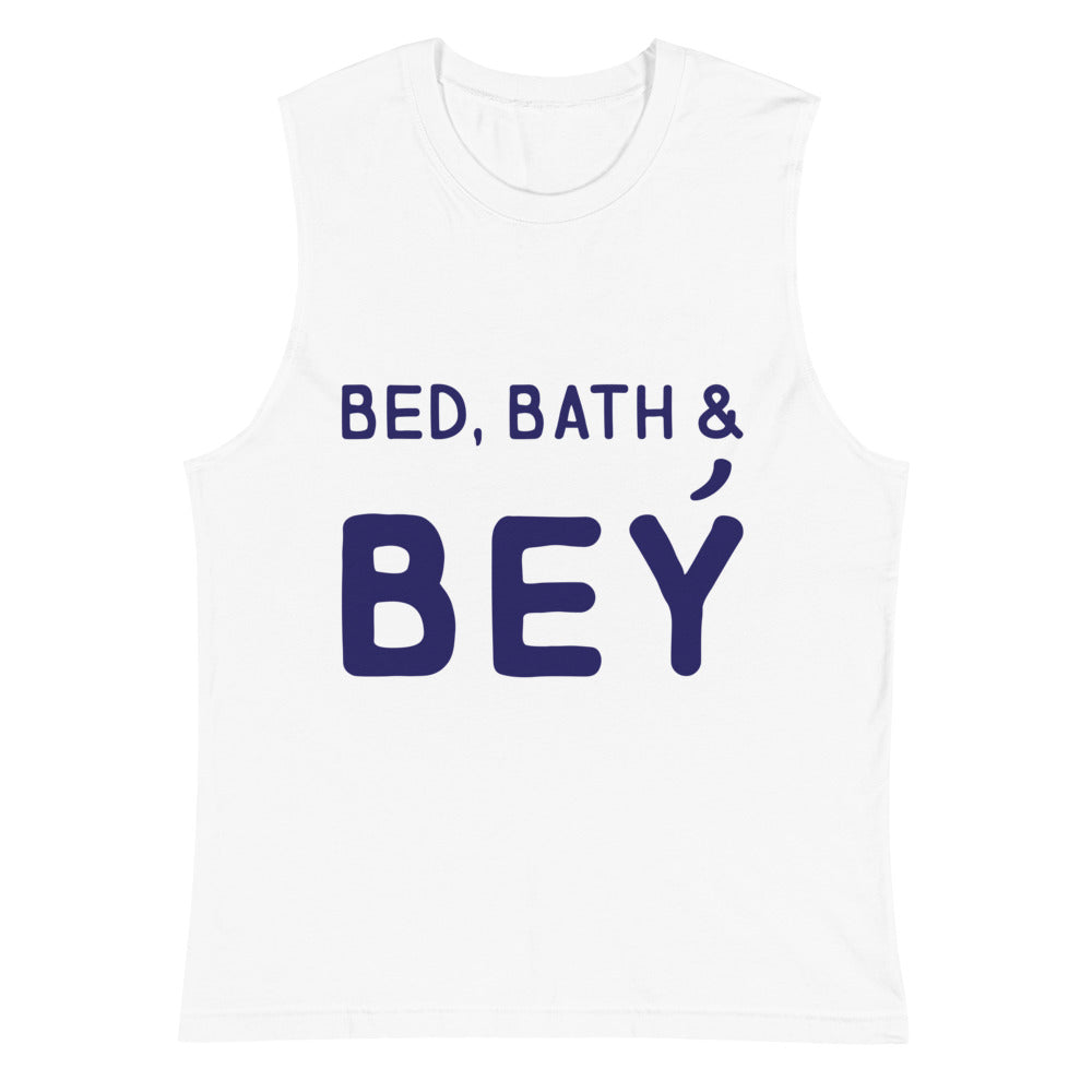Front view of a white muscle tank top reading “BED, BATH & BEY.”