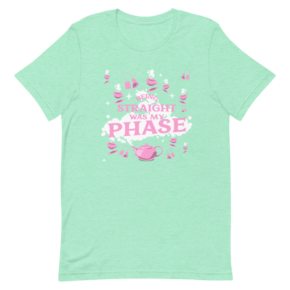 Mint green T-shirt with pink teacup graphic and “BEING STRAIGHT WAS MY PHASE” slogan