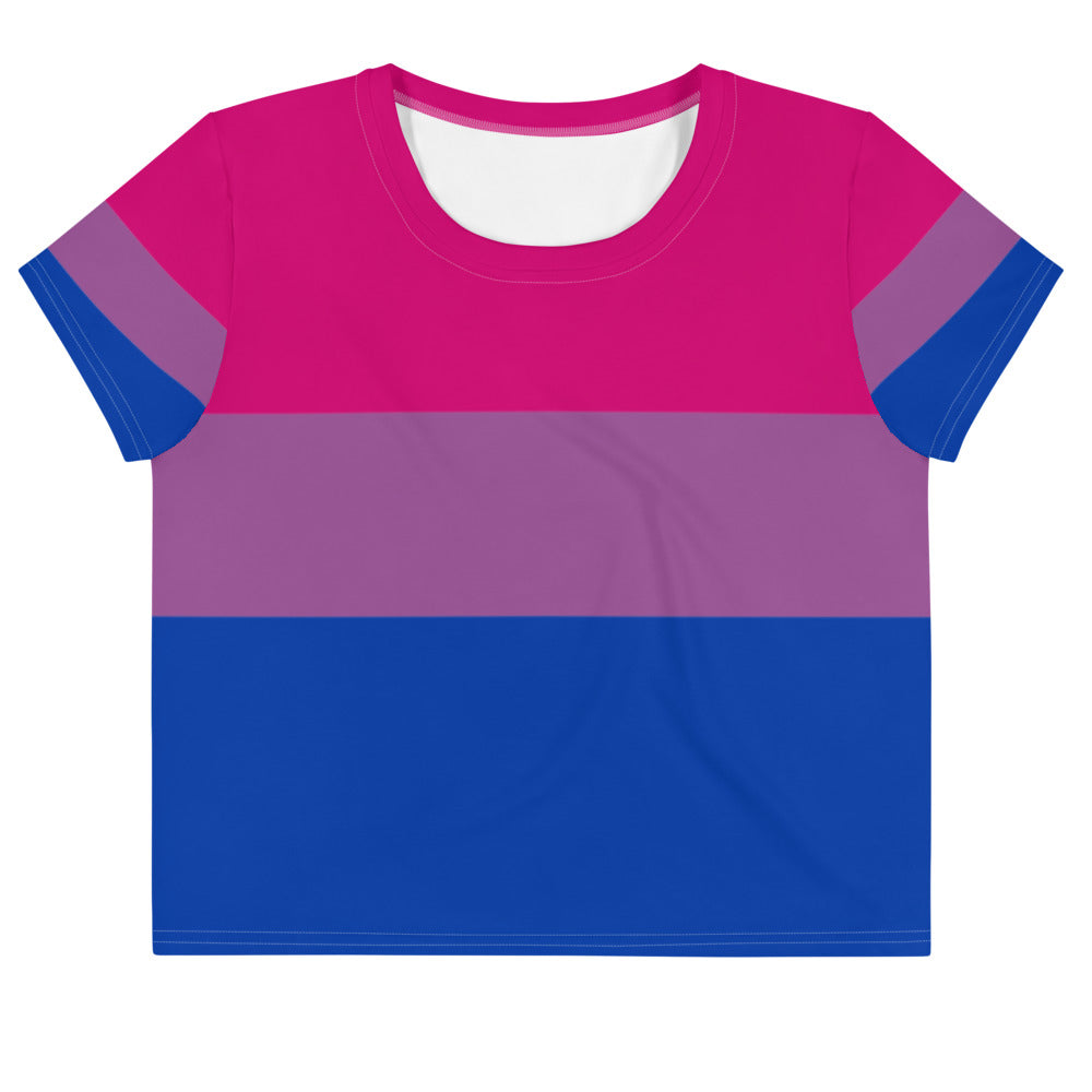 Front-facing crop T-shirt with horizontal pink, lavender, and blue bands