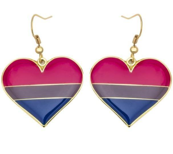 Bisexual pride heart earrings with pink, purple, and blue enamel stripes