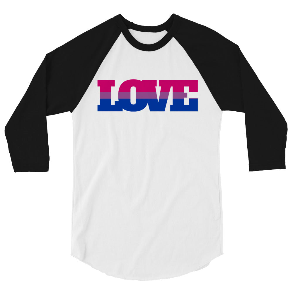 bi flag outfit: Bisexual Love 3/4 Sleeve Raglan Shirt with "LOVE" in bold bi flag colors, worn by a queer femme