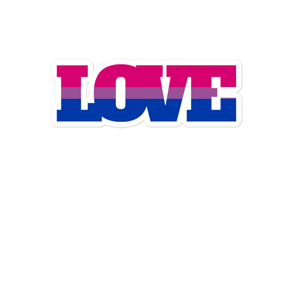 Die-cut sticker reading “LOVE” in pink, purple, and blue bisexual pride colors