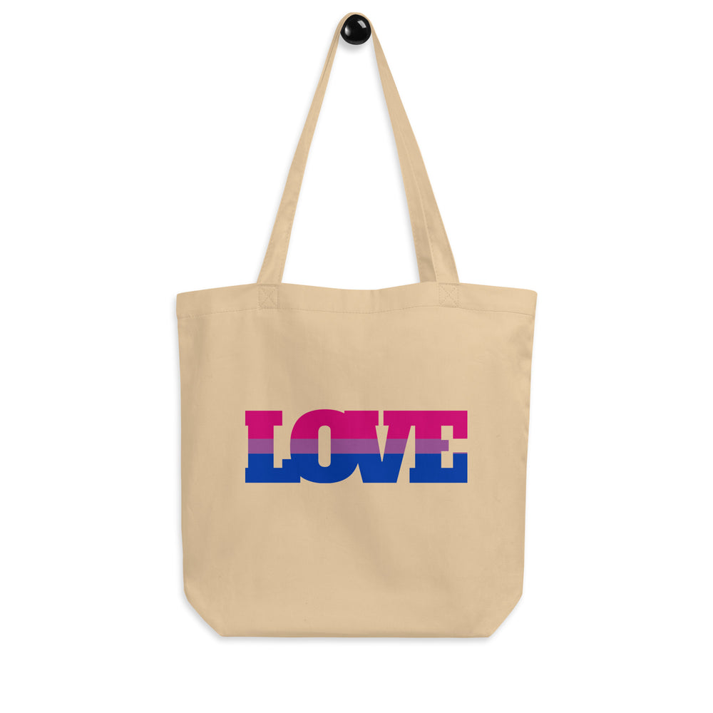 Oyster canvas tote bag with long handles and a pink, purple, and blue LOVE graphic
