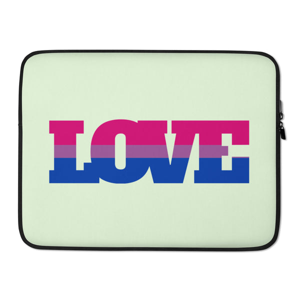 Pale green laptop sleeve with black trim and large pink, purple, and blue LOVE lettering