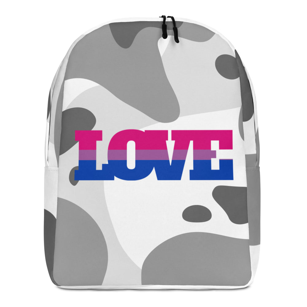 Front view of a white backpack with gray abstract spots and bold LOVE lettering in bisexual flag colors