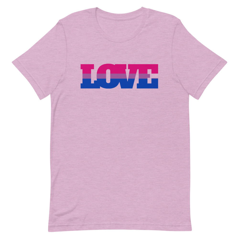 Front view of a lilac T-shirt with “LOVE” in pink, purple, and blue block letters
