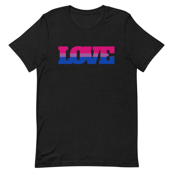 Black T-shirt with the word “LOVE” in pink, purple, and blue block letters