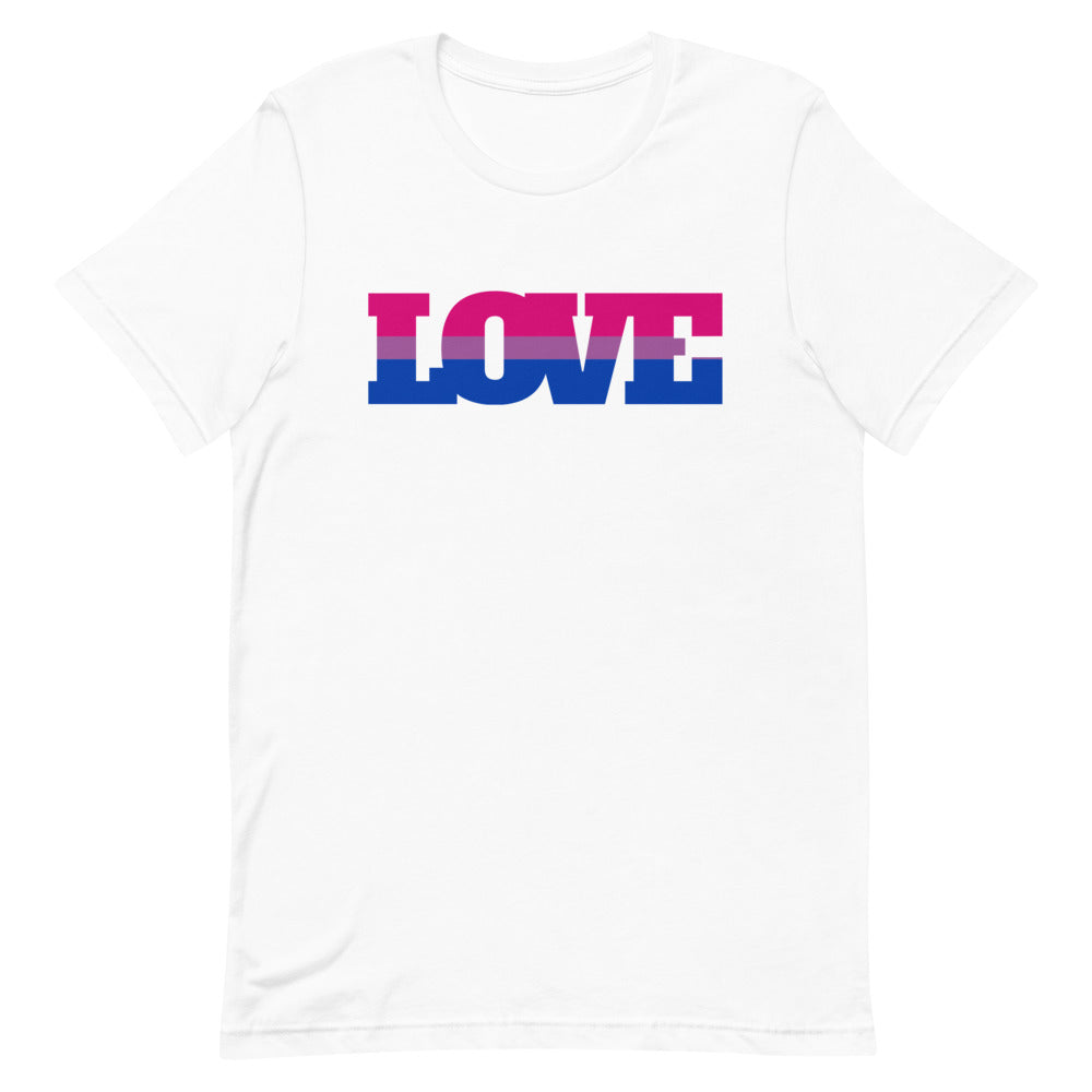 bi outfit: White unisex Bisexual Love T-Shirt with "LOVE" in bold pink, purple, and blue bi pride flag colors; partial face