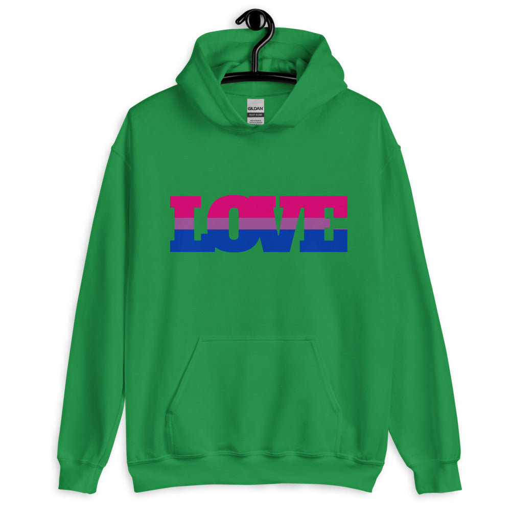 Front-view green pullover hoodie with “LOVE” lettering in bisexual pride colors