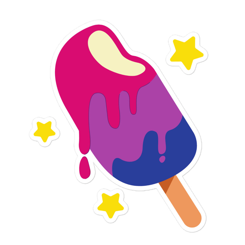 Popsicle-shaped sticker with pink, purple, and blue layers, yellow stars, and a wooden stick