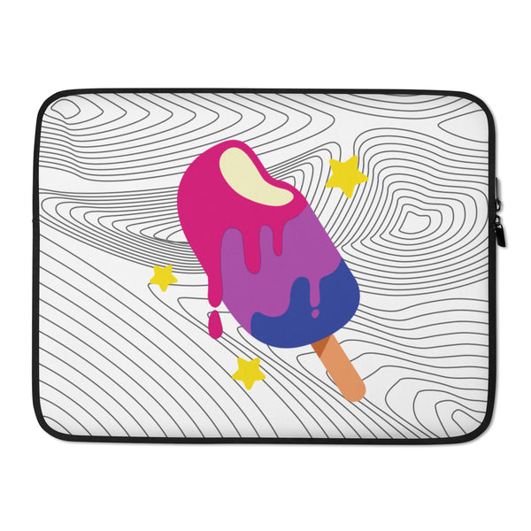 bi dress: Bisexual Popsicle Laptop Sleeve with a bold popsicle print sits on a round table, near a laptop, bi flag scarf