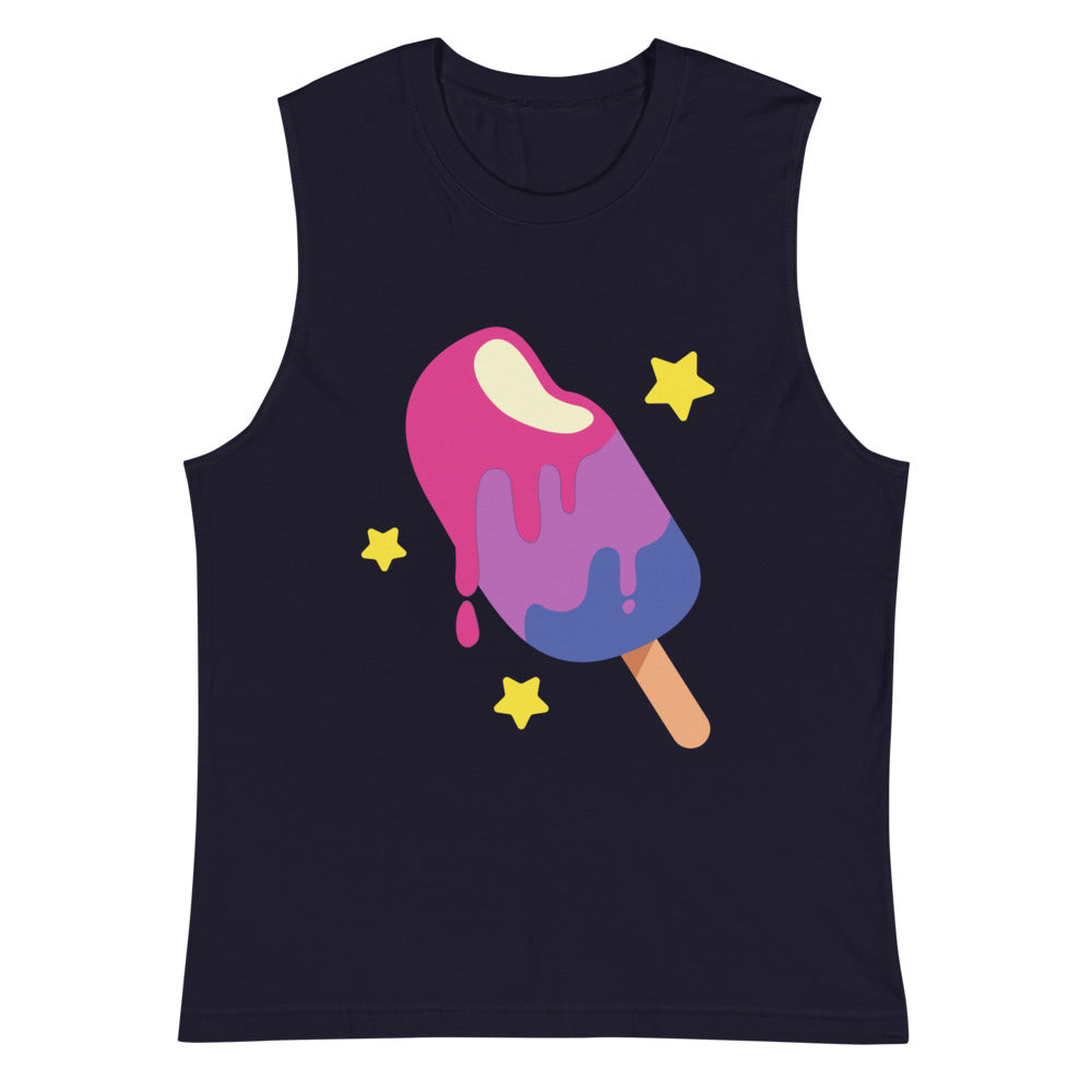 Front-facing navy sleeveless muscle tank with a colorful dripping popsicle and three yellow stars