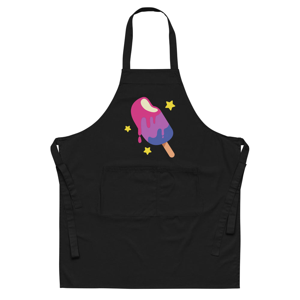 Front-facing black apron with a colorful pink, purple, and blue melting popsicle graphic