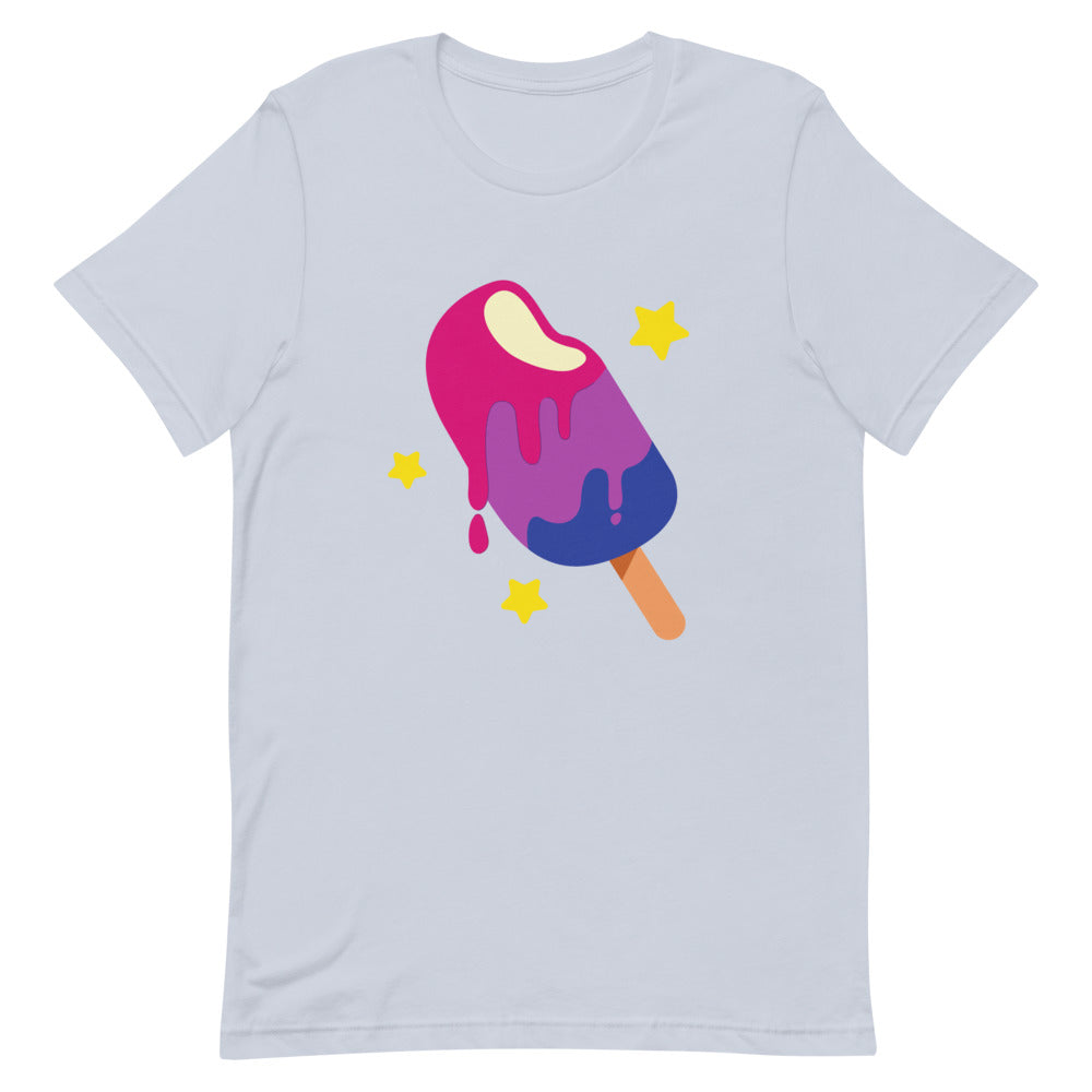 Flat-lay light blue T-shirt with a pink, purple, and blue melting popsicle graphic