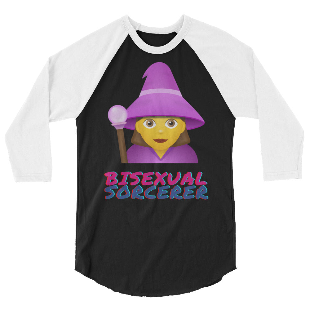 Front view of a black-and-white raglan shirt with a purple wizard and “BISEXUAL SORCERER” text