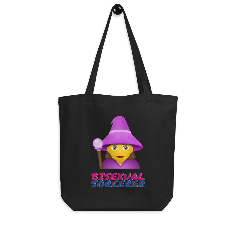 Front view of a black tote bag with a purple-hatted sorcerer and “BISEXUAL SORCERER” text