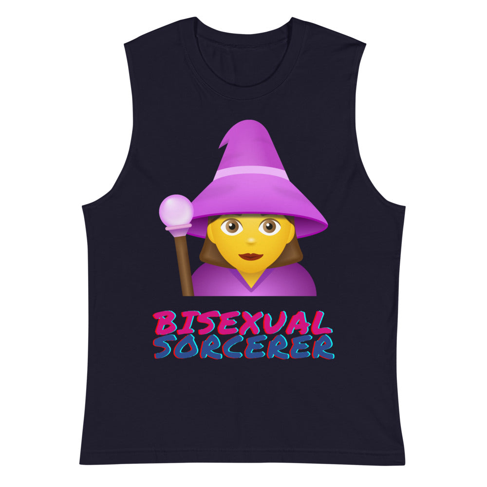 Front view of a black muscle tank top reading “BISEXUAL SORCERER” beneath a wizard graphic