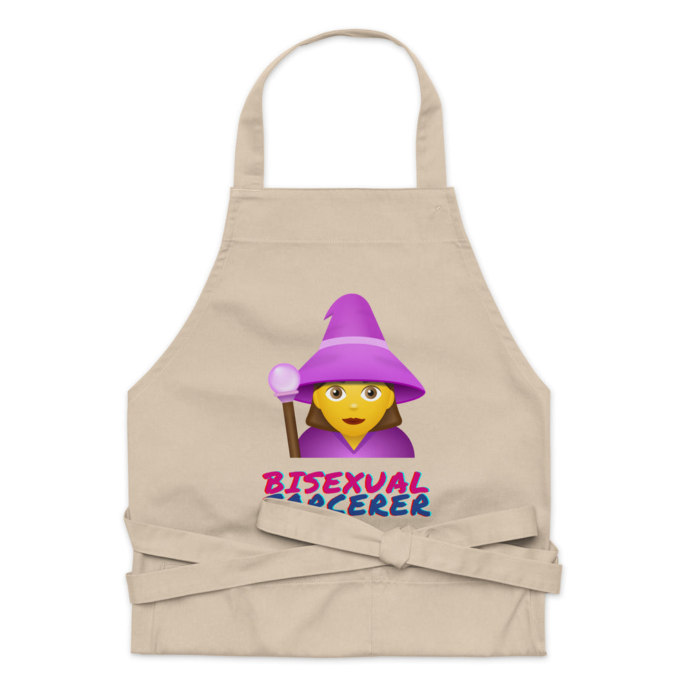 Flat-lay beige apron with a purple cartoon sorcerer and “BISEXUAL SORCERER” text