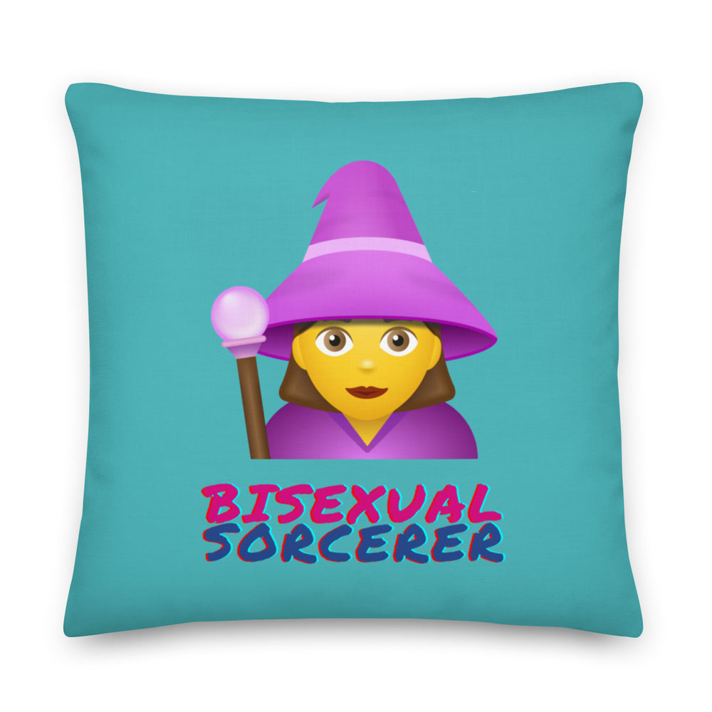 Teal square pillow featuring a purple-hatted sorcerer and “BISEXUAL SORCERER” text
