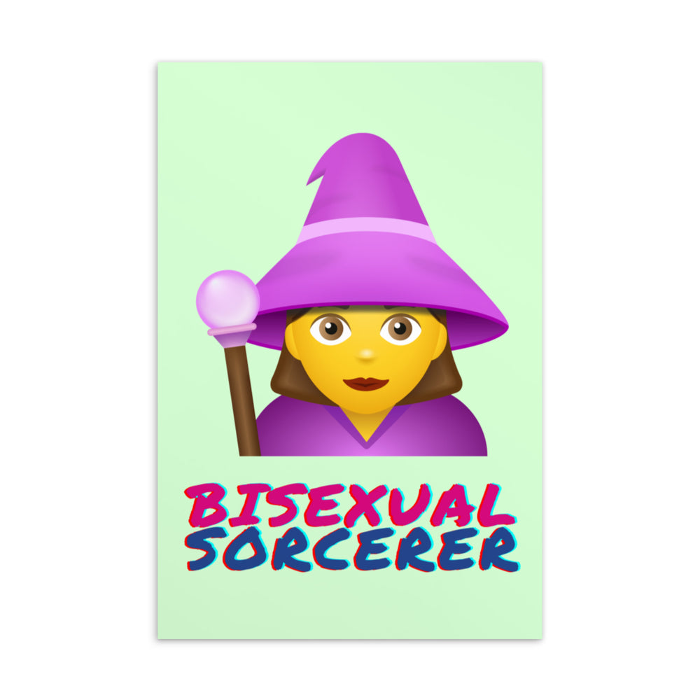 Postcard showing a purple-hatted sorcerer holding a staff above the words “BISEXUAL SORCERER.”