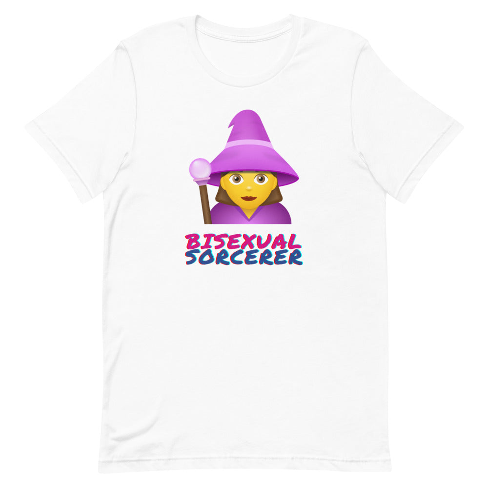 White T-shirt with a purple wizard graphic and “BISEXUAL SORCERER” text