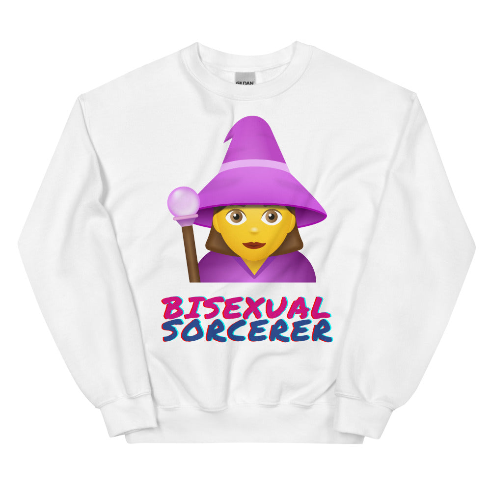 White sweatshirt with a purple-hatted wizard and “BISEXUAL SORCERER” text