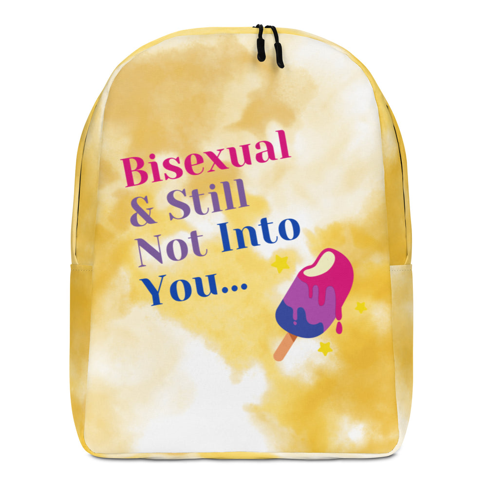 Front view of a yellow tie-dye backpack reading “Bisexual & Still Not Into You…”